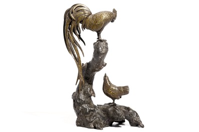 A Japanese bronze sculpture of a rooster and a chicken, Meiji, 19th C.