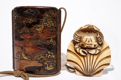 A Japanese laquer inro with ivory netsuke and agate ojime, and a Buddhist lion netsuke, Meiji/Taisho