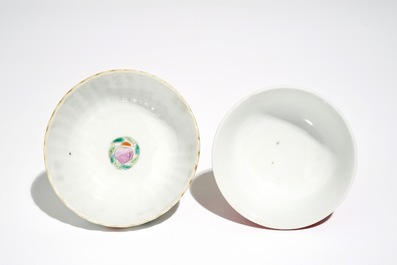 Three Chinese famille rose cups, two saucers and a seal paste box, 19/20th C.