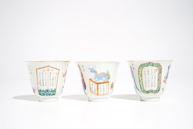 Three Chinese famille rose Wu Shuang Pu cups and saucers , 19th C.