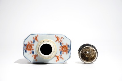 Two Chinese blue and white chargers and a silver-mounted Imari style tea caddy, Kangxi/Qianlong