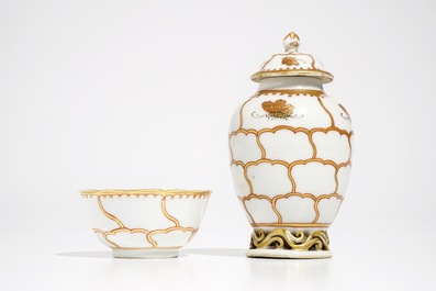 A Chinese tea caddy, a cup and two saucers with gilt design, Yongzheng/Qianlong