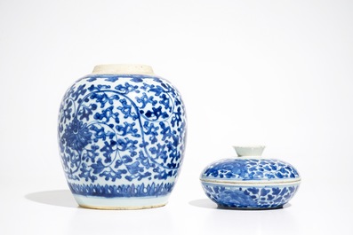 A Chinese blue and white lotus scroll ginger jar and a spice box and cover, 18/19th C