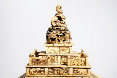 Three large Chinese and Japanese bone and soapstone pagoda, a soapstone seal and a small box, 19/20th C.