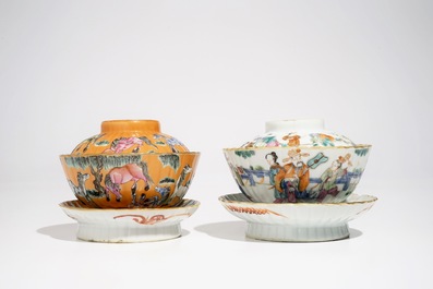Deux bols couverts sur socles en porcelaine de Chine famille rose, 19&egrave;me