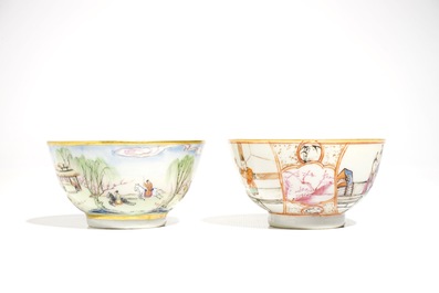 Deux tasses et soucoupes en porcelaine de Chine famille rose, Qianlong et 19&egrave;me