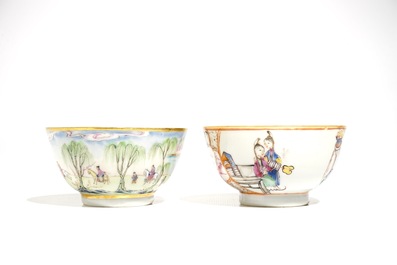 Deux tasses et soucoupes en porcelaine de Chine famille rose, Qianlong et 19&egrave;me