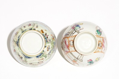 Deux tasses et soucoupes en porcelaine de Chine famille rose, Qianlong et 19&egrave;me