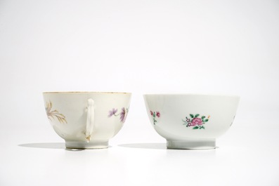 Two Chinese famille rose Dutch market armorial cups and saucers, Qianlong