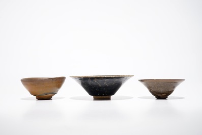 Two Chinese Jian hare's fur tea bowls and a bowl with broken ice design, prob. Song