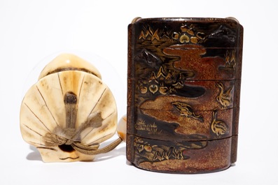 A Japanese laquer inro with ivory netsuke and agate ojime, and a Buddhist lion netsuke, Meiji/Taisho