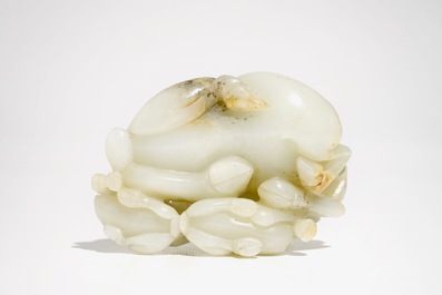 A Chinese white jade carving of a &quot;Three rams&quot; group, 19/20th C.