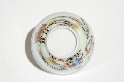 A Chinese famille rose cup and saucer with fine figural design, Yongzheng