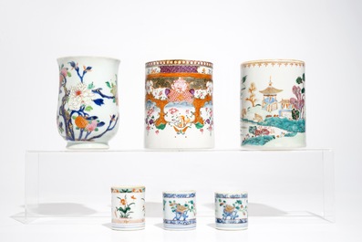 Six Chinese famille rose and famille verte mugs, Kangxi/Qianlong