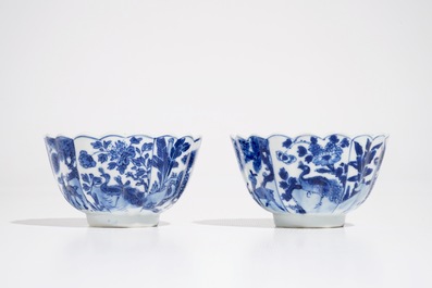 A pair of Chinese blue and white cups and saucers with qilin, yu mark, Kangxi