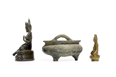 A Chinese Xuande mark bronze censer, a bronze model of Tara and a gilt copper alloy figure, Ming and later