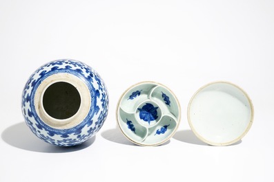 A Chinese blue and white lotus scroll ginger jar and a spice box and cover, 18/19th C