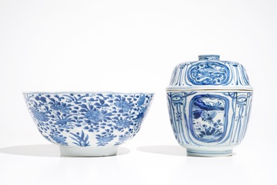 A Chinese blue and white kraak porcelain covered bowl, Wanli, and a floral bowl, Kangxi