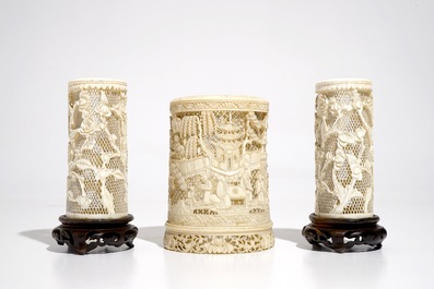 Three Chinese carved ivory brush pots, Canton, 19th and 20th C.