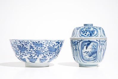 A Chinese blue and white kraak porcelain covered bowl, Wanli, and a floral bowl, Kangxi