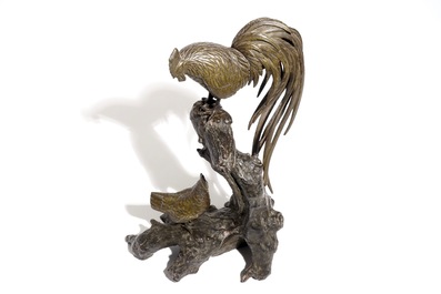 A Japanese bronze sculpture of a rooster and a chicken, Meiji, 19th C.