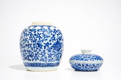 A Chinese blue and white lotus scroll ginger jar and a spice box and cover, 18/19th C
