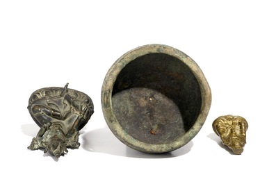 A Chinese Xuande mark bronze censer, a bronze model of Tara and a gilt copper alloy figure, Ming and later