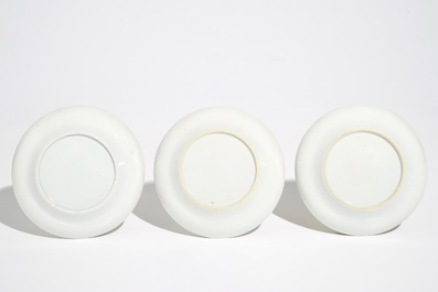 Three Chinese famille rose Wu Shuang Pu cups and saucers , 19th C.
