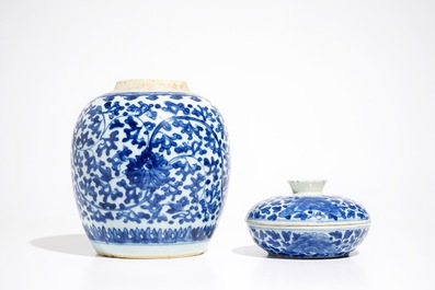 A Chinese blue and white lotus scroll ginger jar and a spice box and cover, 18/19th C