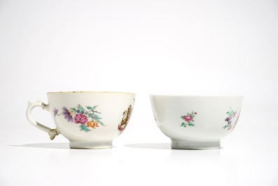Two Chinese famille rose Dutch market armorial cups and saucers, Qianlong