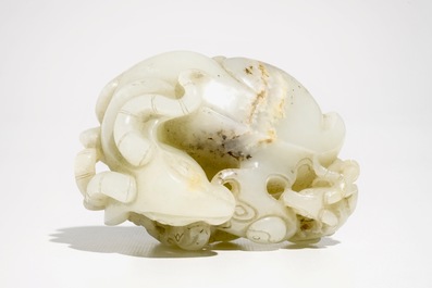 A Chinese white jade carving of a &quot;Three rams&quot; group, 19/20th C.