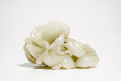 A Chinese white jade carving of a &quot;Three rams&quot; group, 19/20th C.