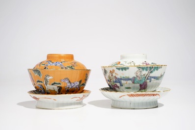 Deux bols couverts sur socles en porcelaine de Chine famille rose, 19&egrave;me