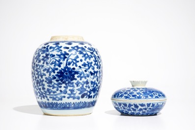 A Chinese blue and white lotus scroll ginger jar and a spice box and cover, 18/19th C