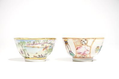 Deux tasses et soucoupes en porcelaine de Chine famille rose, Qianlong et 19&egrave;me