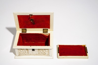 A rectangular Chinese carved ivory casket, Canton, 19th C.