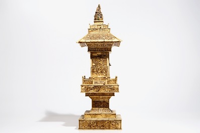 Three large Chinese and Japanese bone and soapstone pagoda, a soapstone seal and a small box, 19/20th C.