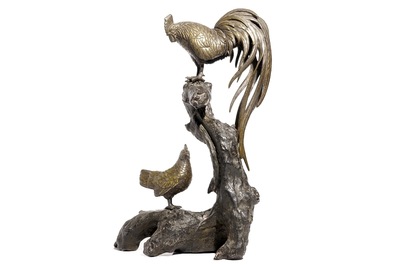 Un groupe d'un coq et une poule en bronze, Japon, Meiji, 19&egrave;me