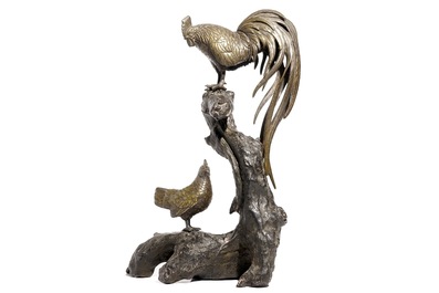 A Japanese bronze sculpture of a rooster and a chicken, Meiji, 19th C.