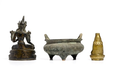 A Chinese Xuande mark bronze censer, a bronze model of Tara and a gilt copper alloy figure, Ming and later