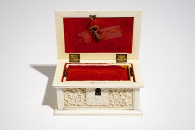 A rectangular Chinese carved ivory casket, Canton, 19th C.