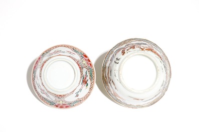Two Chinese famille rose cups and saucers, Yongzheng/Qianlong