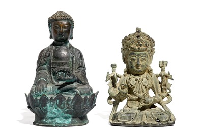 Two Chinese bronze figures of Buddha and Guanyin, Ming and later