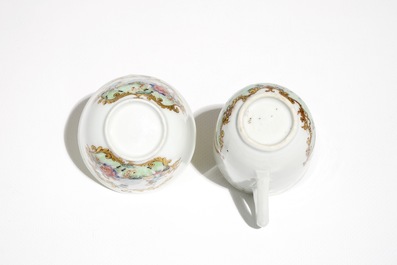 Two Chinese famille rose cups and a saucer with European hunters, Qianlong
