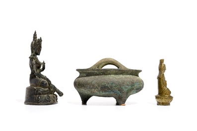 A Chinese Xuande mark bronze censer, a bronze model of Tara and a gilt copper alloy figure, Ming and later