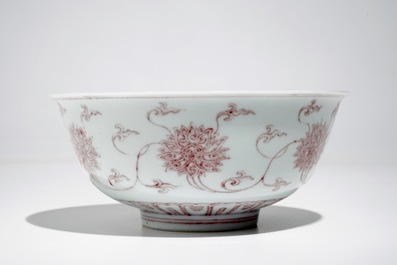 A Chinese underglaze red lotus scroll bowl, Kangxi mark, 20th C.