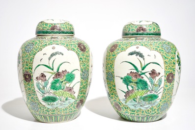 A pair of Chinese verte biscuit ginger jars and covers, 18/19th C.