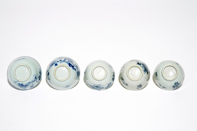 Fifteen sets of Chinese blue and white cups and saucers, Kangxi/Qianlong