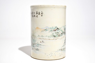 A tall cylindrical Chinese qianjiang cai brush pot, 19/20th C.
