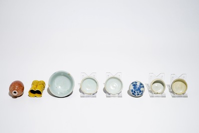 Three small Chinese blue and white boxes, two bowls and two small monochrome vases, Ming and later